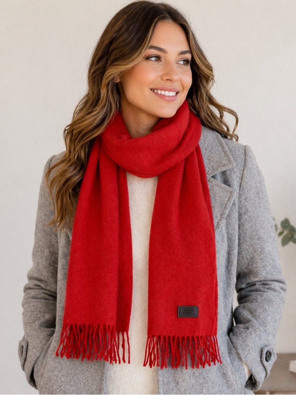 Coach Red Wool Blend Scarf Fringe Classic Winter Cozy Luxury Designer Unisex